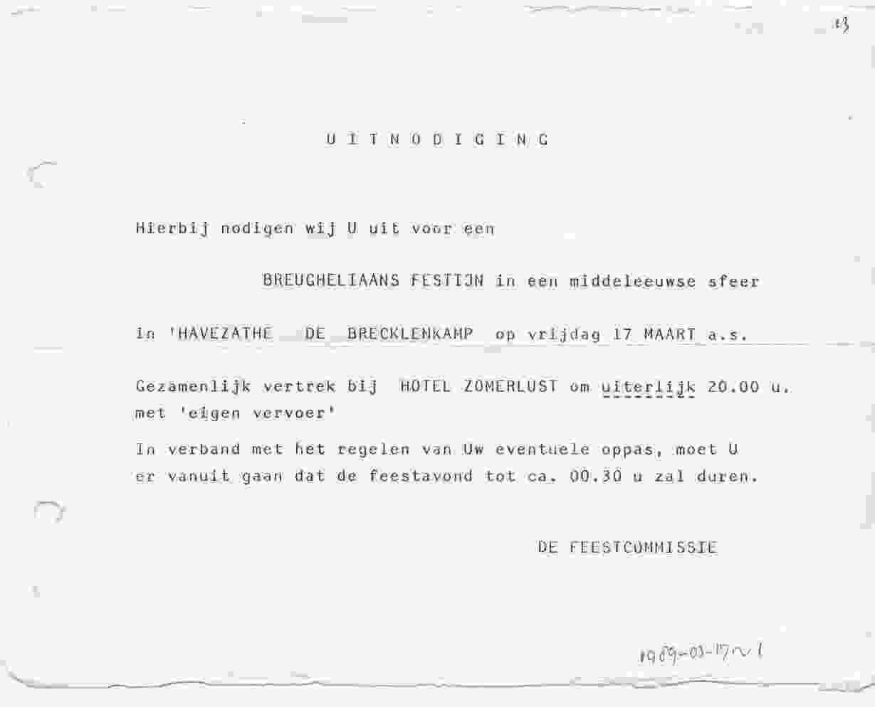 Uitnodiging Breugheliaans feest in Lattrop op 1989-03-17
