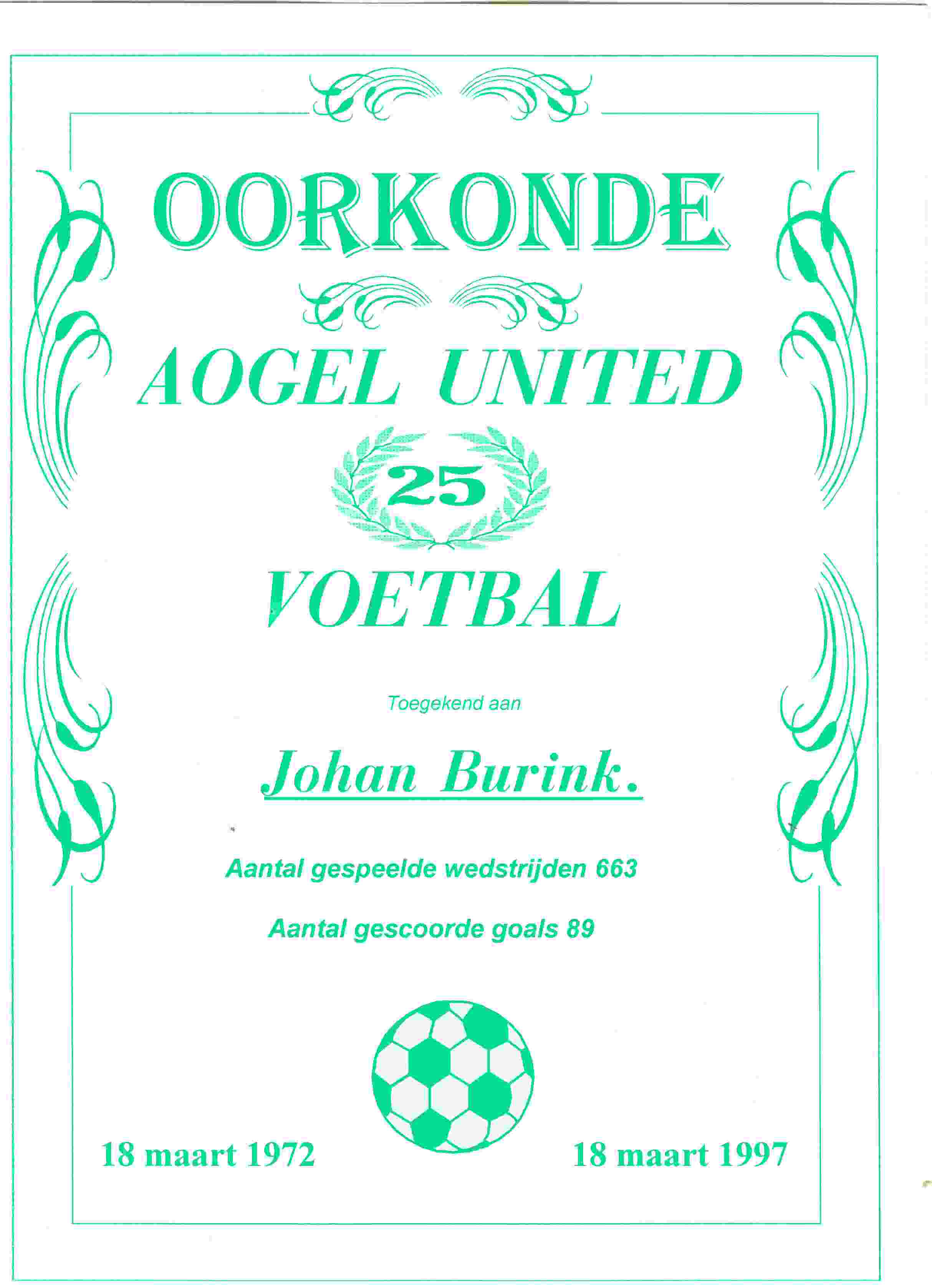 1997-03-22 Johan ontvangt oorkonde voor 25 jaar bewezen diensten voor Aogel United