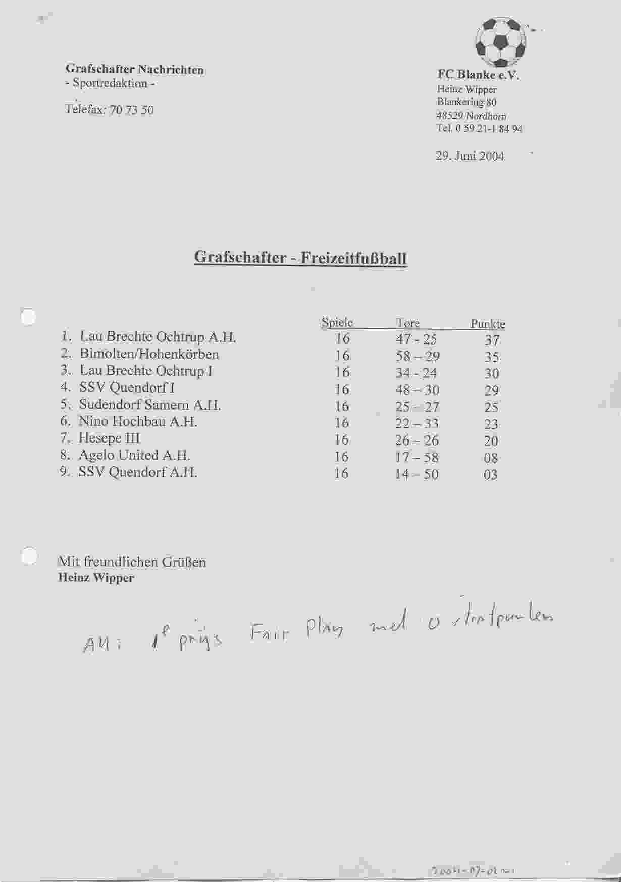 Eindstand Grafschafter Freizeit Fuβball Meisterschaftsrunde seizoen 2003/2004