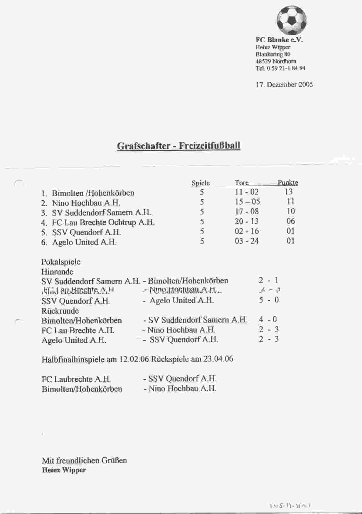 Tussenstand Grafschafter Freizeit Fuβball Meisterschaft seizoen 2005/2006