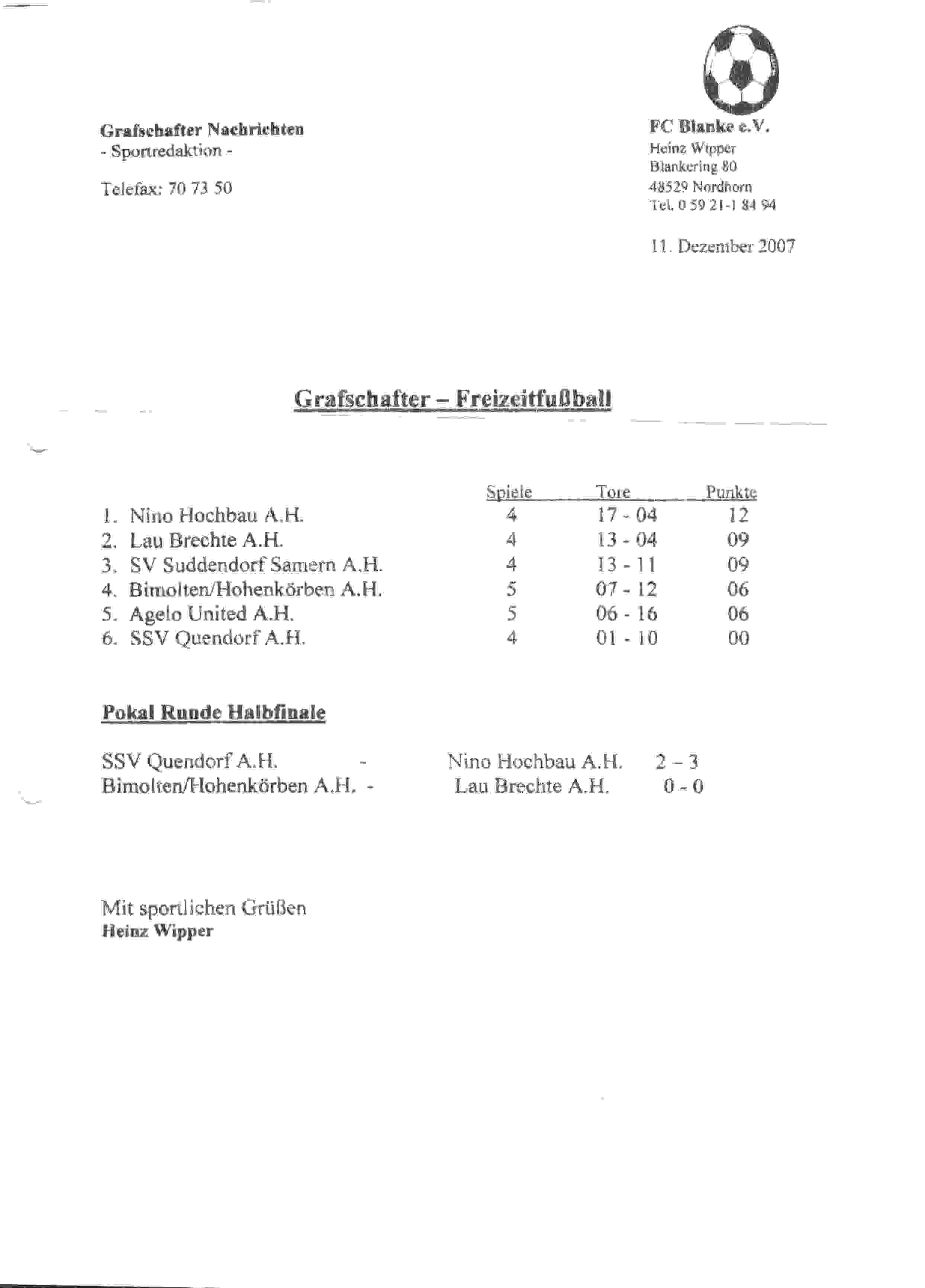 Tussenstand Grafschafter Freizeit Fuβball Liga op 2007-12-11